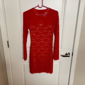 Red Lace Bodycon Dress with Open Back!